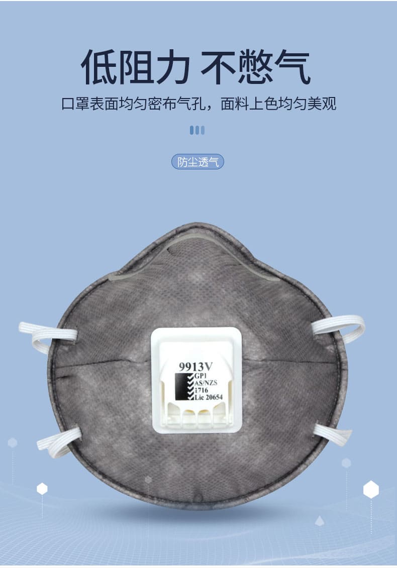 3M 9913V 防颗粒物口罩 （头带式、活性炭、减除有机蒸气异味、中国KN90认证、澳大利亚、新西兰标准AS/NZS1716:2012 GP1认证）